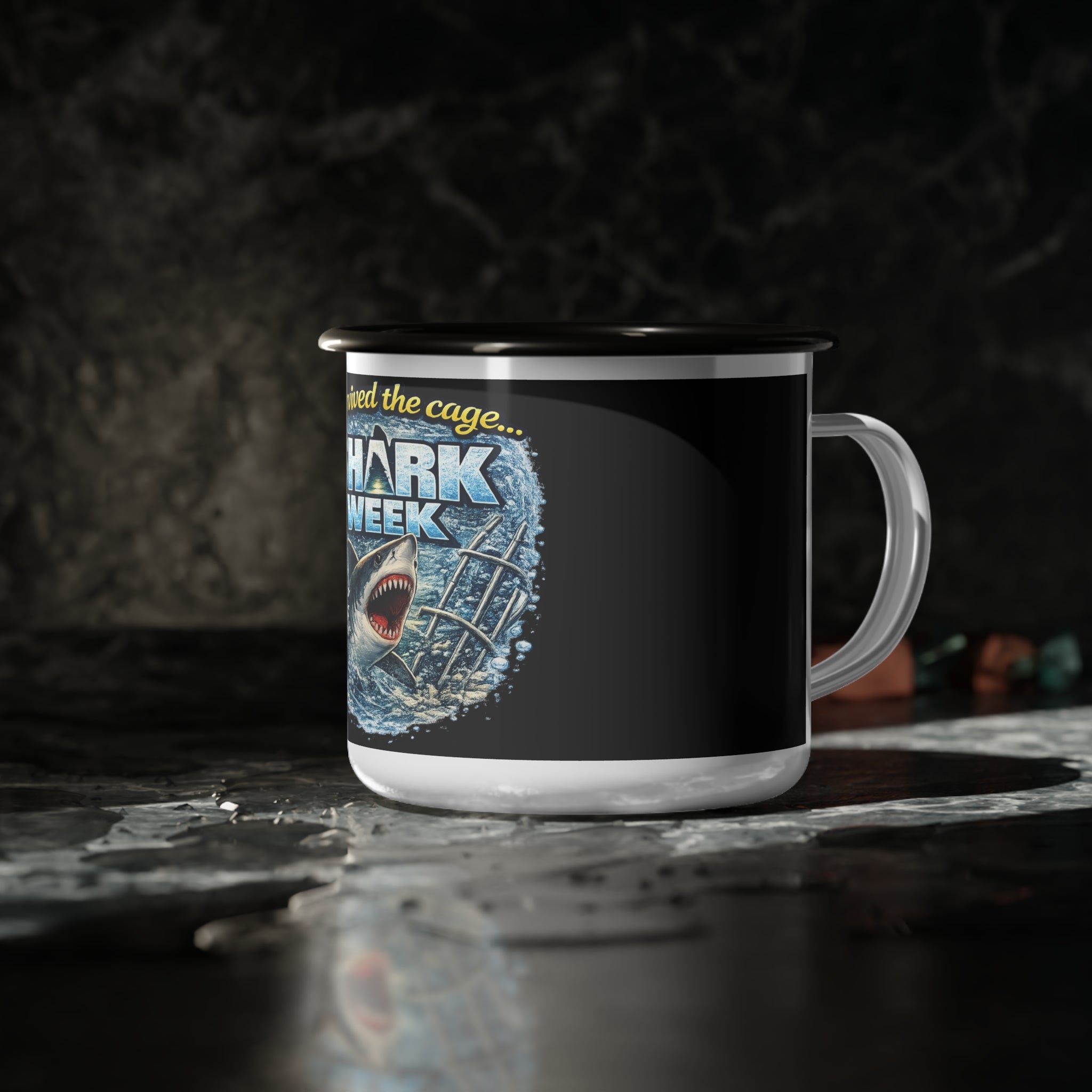 I Survived the Cage Shark Week Enamel Camp Cup | Shark Graphic