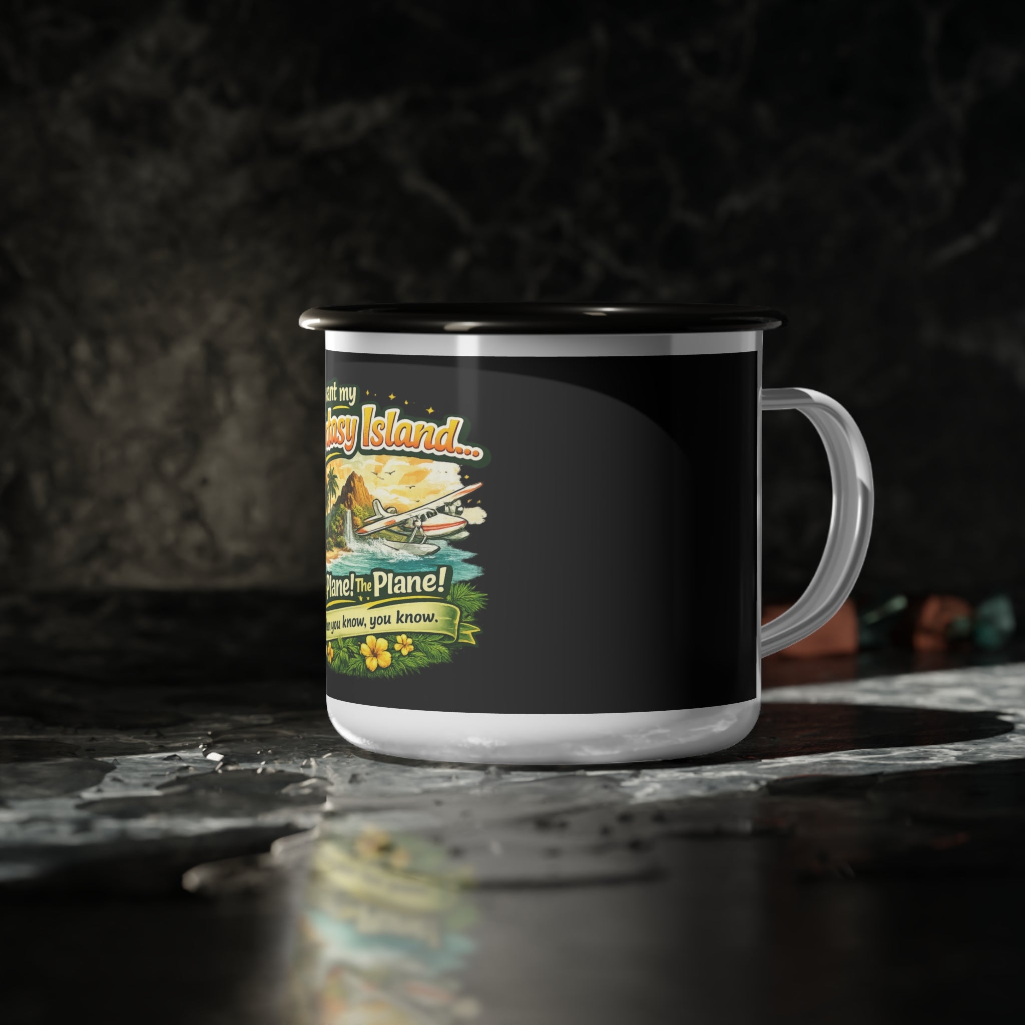 I Want My Fantasy Island enamel camp cup | vintage tropical plane design