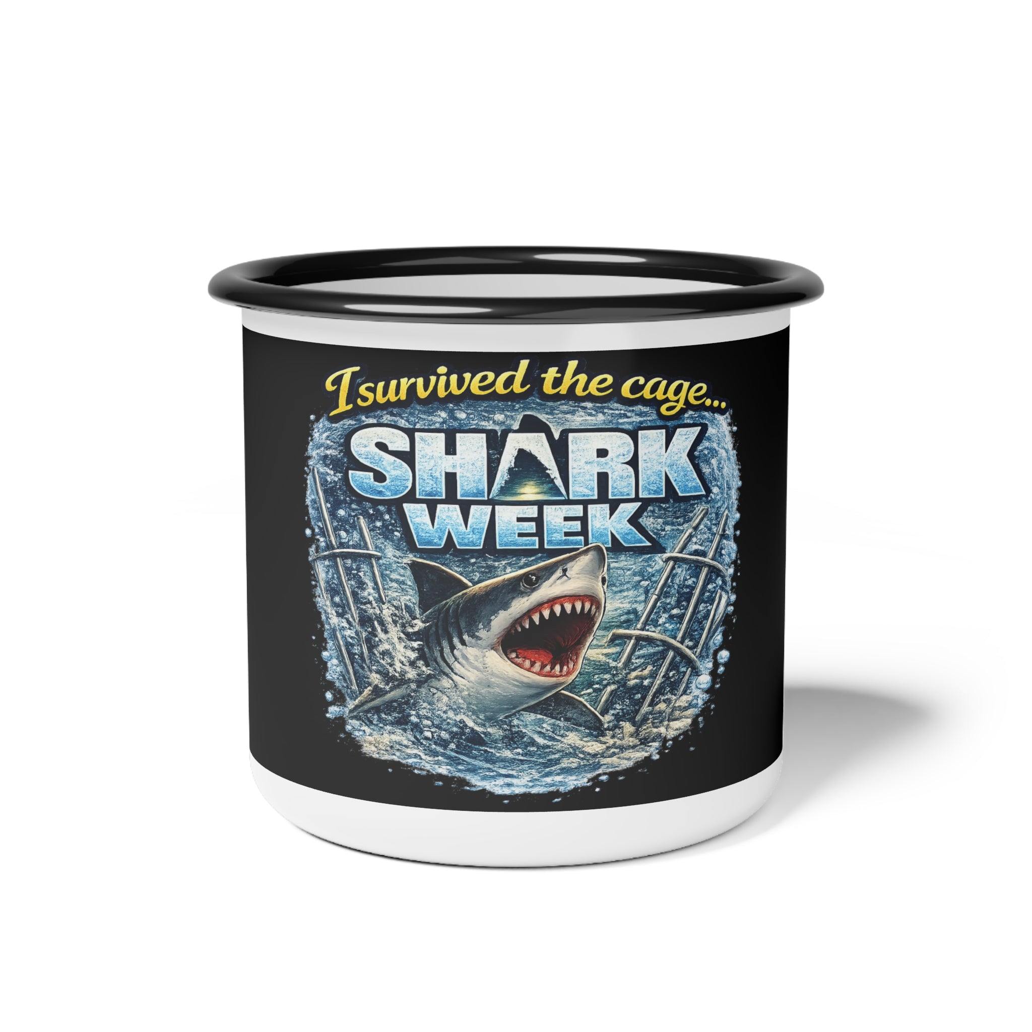 I Survived the Cage Shark Week Enamel Camp Cup | Shark Graphic