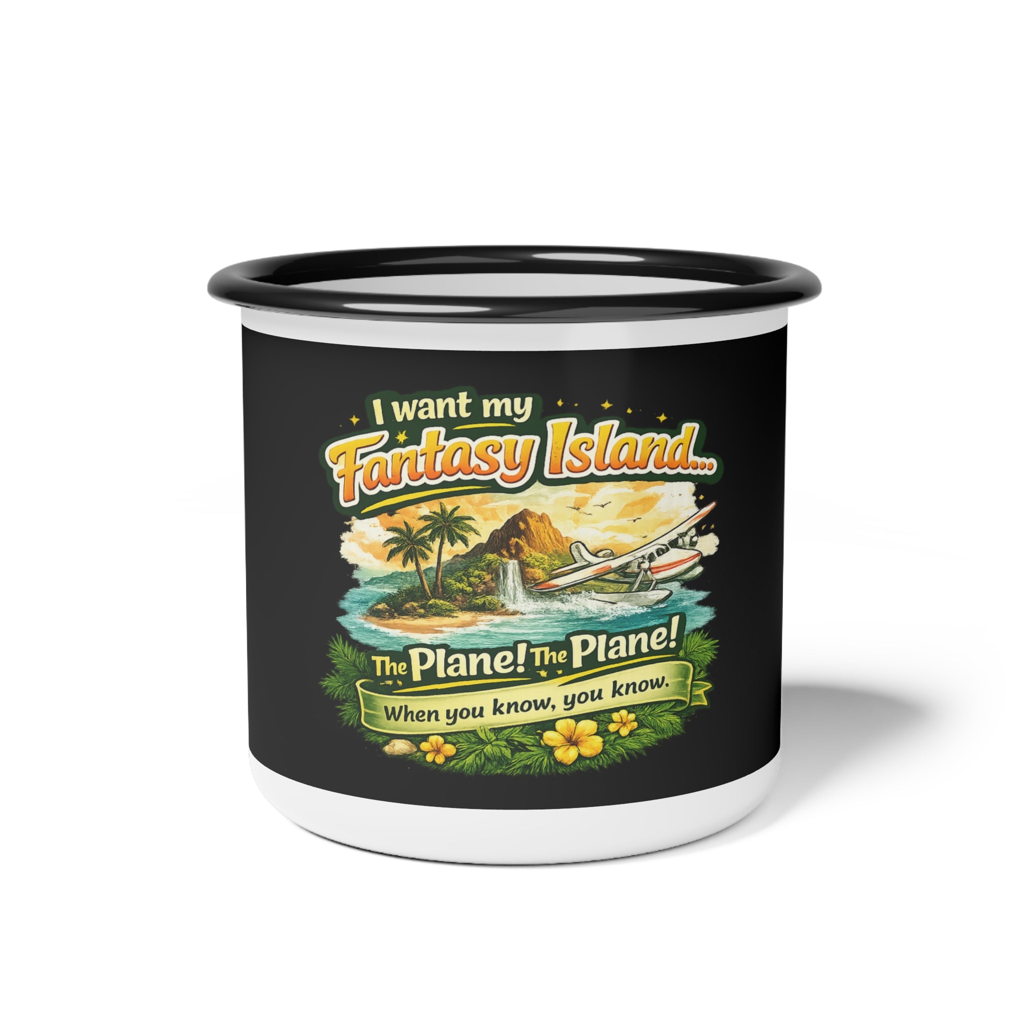 I Want My Fantasy Island enamel camp cup | vintage tropical plane design